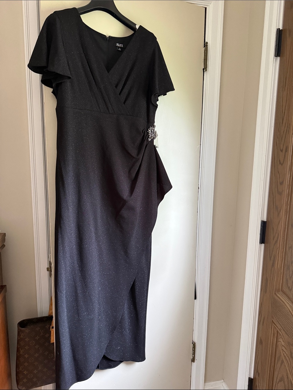 SLNY Black Sparkle Faux-Wrap Maxi Dress with Side Crystal Accent